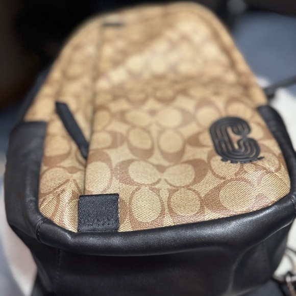 Coach Signature Canvas Sling Pack Crossbody Bag — Tan & Black Leather - Picture 6 of 13
